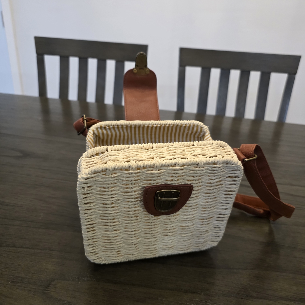 Mini Stylish Cream and Brown Woven Crossbody Bag - Picture 5 of 12